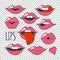 Set glamorous quirky icons. Vector illustration for fashion design. Bright pink makeup kiss mark. Passionate lips in cartoon style