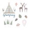Set of glamping vector illustrations with deers, pine forest, leaves for creat design. Cute elements for merch, web
