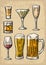 Set glass beer, whiskey, wine, tequila, cognac, champagne, cocktails. Vector engraved illustration on beige vintage backg