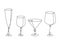 Set of glass goblets for wine and drinks. Isolated on white background. Continuous line drawing. Vector illustration