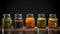 a set of glass jars neatly arranged, each filled with vibrant spices, capturing the essence of contemporary culinary