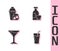 Set Glass of juice, Cocktail shaker, Martini glass and Alcohol drink Rum icon. Vector