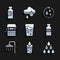 Set Glass with water, Water drop, Bottle of, Shower, Well bucket, Recycle clean aqua and icon. Vector