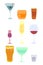 Set of glasses of alcohol. Martini whiskey rum liquor champagne red wine beer vermouth vodka. Hand draw cartoon illustration.