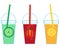 Set of glasses with juice and straw. Glass with lid with tomato, cucumber and orange juice. Vector image, for cafe, restaurant