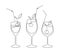 Set of glasses for wine or cocktails with a cherry berry. Glasses with a straw for drinks. Continuous line drawing. Vector