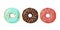 Set of glazed colored donuts with icing sprinkles. Vector illustration.