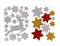 Set of glitter Christmas stickers isolated on a white background. They are white, gold and red stars and running
