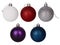 Set of glitter matt red, white, blue, silver and purple christmas balls.