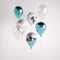 Set of glossy blue, marble, transparent and white marble 3D realistic balloons