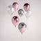 Set of glossy and satin pink, transparent, black and white marble 3D realistic balloons on the stick for party, events, presentati