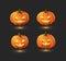 Set of glowing Halloween orange smiling carved pumpkins. Jack Oâ€™ Lantern spooky holiday decorations collection. - Vector
