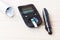 Set glucometer and syringe with Diabetes Indicator Strips For Blood Glucose Testing on wood background