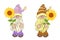 Set Gnomes with Sunflowers. Two little summer garden gnomes in funny hats. Collection of cute holidays elves with flowers for