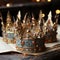 set of gold and blue gem inlaid regal crowns sitting on a table, for a crowning ceremony,