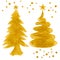 Set of gold Christmas trees with star and snowfall. Confetti Gold Christmas tree watercolor illustration isolated on white backgro