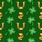 A set of gold coins, horseshoes and clover leaves - four-leaf and three-leaf. Happy St. Patrick's Day. Seamless