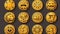 A set of gold coins with Mayan or Aztec tribal animals and idols. Ui game assets, Mexican mesoamerican ethnic money