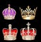 Set gold crowns on black background