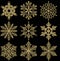 Set gold glitter snowflakes on black background