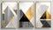 Set of gold and grey abstract art canvases with geometric shapes. Creative minimalism, hand drawn painting