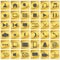 Set of gold icons. Golden buttons in the squares. Vector illustration.