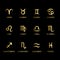 Set of gold metal zodiac signs and symbols on black background. Horoscope, astrology icons. Twelve constellations isolated.