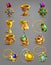 Set of gold reward, treasure, achievement and token.