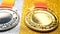Set of gold silver & bronze award medals close up