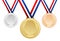 Set of gold, silver and bronze blank award medals with ribbons