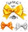 Set of gold, silver and bronze gift bows, satin isolated red glamour bow for birthday and christmas giftbox. Present