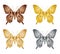 Set of gold silver butterfly on a white background, a collection of butterflies. Vector illustration.