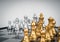 Set of gold and the silver chess pieces, king, rook, bishop, queen, knight, and pawn standing together on the chessboard.