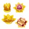 A set of gold statues in the shape of a Lotus flower isolated on white background. Vector cartoon close-up illustration.