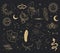 Set of golden aesthetic celestial witchcraft mystical elements on dark