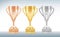 Set of golden, bronze and silver Trophy cups or goblets isolated on white background. Realistic Vector illustration