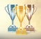Set of golden, bronze and silver Trophy cups or goblets on textured background. Realistic Vector illustration