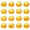 Set of Golden Coins for game apps. Gold icons star, heart, clubs hearts, tambourine, spades, clover leaf, scull,crown