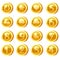 Set of Golden Coins for game apps. Gold icons star, heart, numbers symbols game UI, gaming gambling. Vector illustration