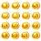 Set of Golden Coins for game apps. Gold icons star, heart, numbers symbols game UI, gaming gambling. Vector illustration