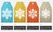 Set of golden color glittering labels with snowflake for christmas over transparent background, vector illustration