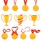 Set of golden cups and medals. Award for first place in sporting events and competitions