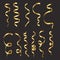 Set of golden curling streamers or ribbons on black background