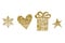 Set of golden icons, symbol. Snowflake, present, gift, star, heart for fabrics, paper, isolated on white background for postcard,