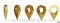 Set of golden map pointer isolated on white background. Gold location pin or navigation. 3D Locator mark of map pointer, symbol,