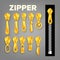 Set Of Golden Metal And Plastic Zipper Vector