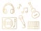 Set of golden music related icons: headphones, music notes, guitar, gramophone, microphone and piano keys