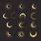 Set of golden phases of the moon, with rays and stars, magical astrology and boho. Magic concept, minimalism.