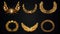 Set of golden ribbons, laurel wreaths of different shapes for winners gold podium 3d realistic luxury leadership award with