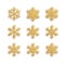 Set of golden shiny snowflakes on a white background. Decorative collection of glitter elements of various winter snowflakes. For